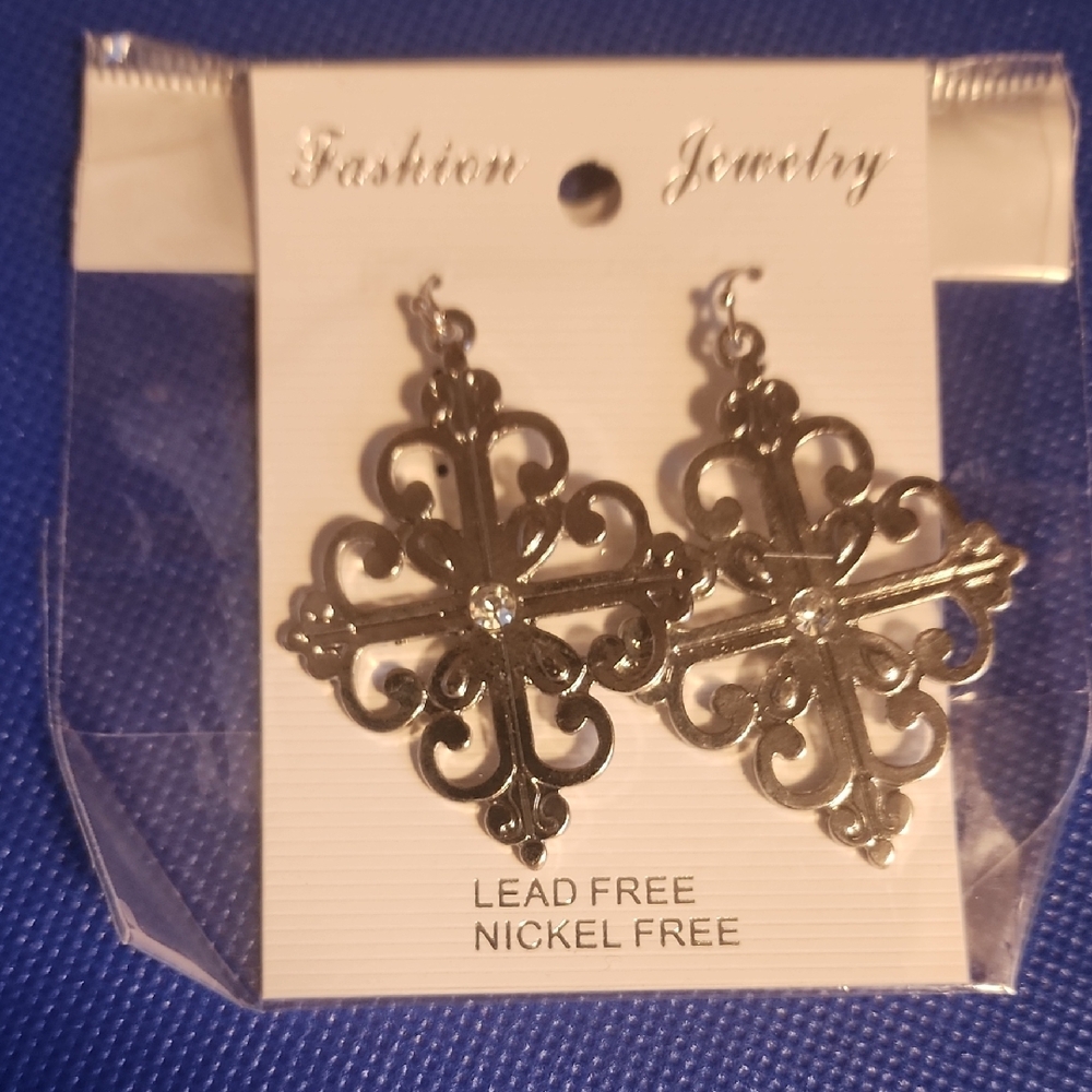 Silver Cross Dangle Earrings...2 Inches Long